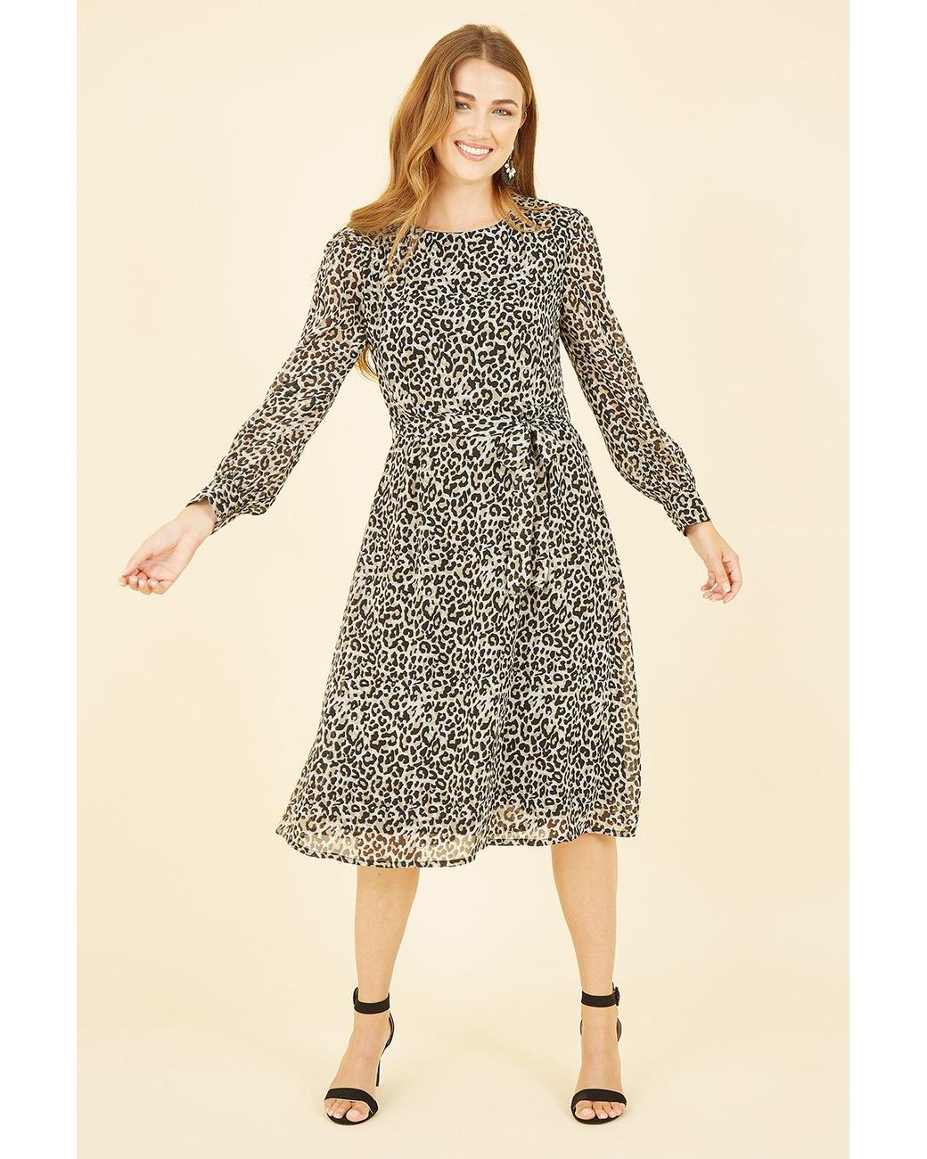 Yumi' Natural Leopard Long Sleeve Skater Dress