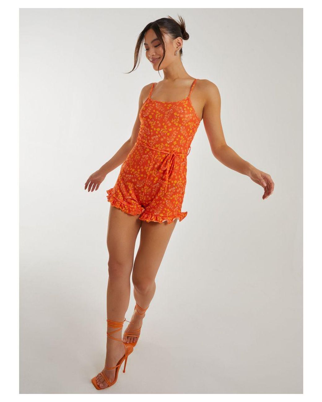 Pink Vanilla Orange Floral Print Frill Hem Playsuit