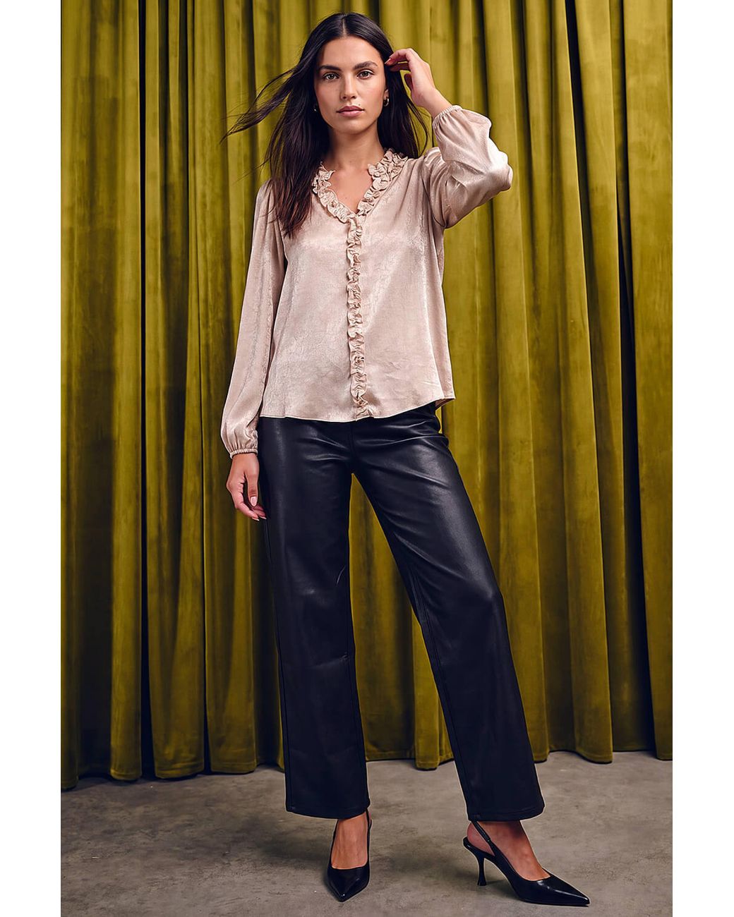 Roman Pink Crinkle Satin Frill V-Neck Top