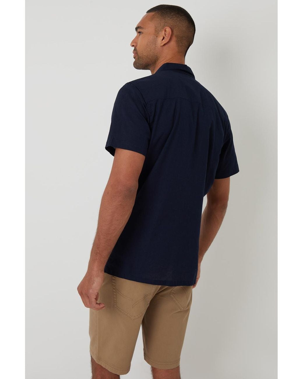 Threadbare Blue Linen Blend Palm Embroidered Short Sleeve Shirt for men