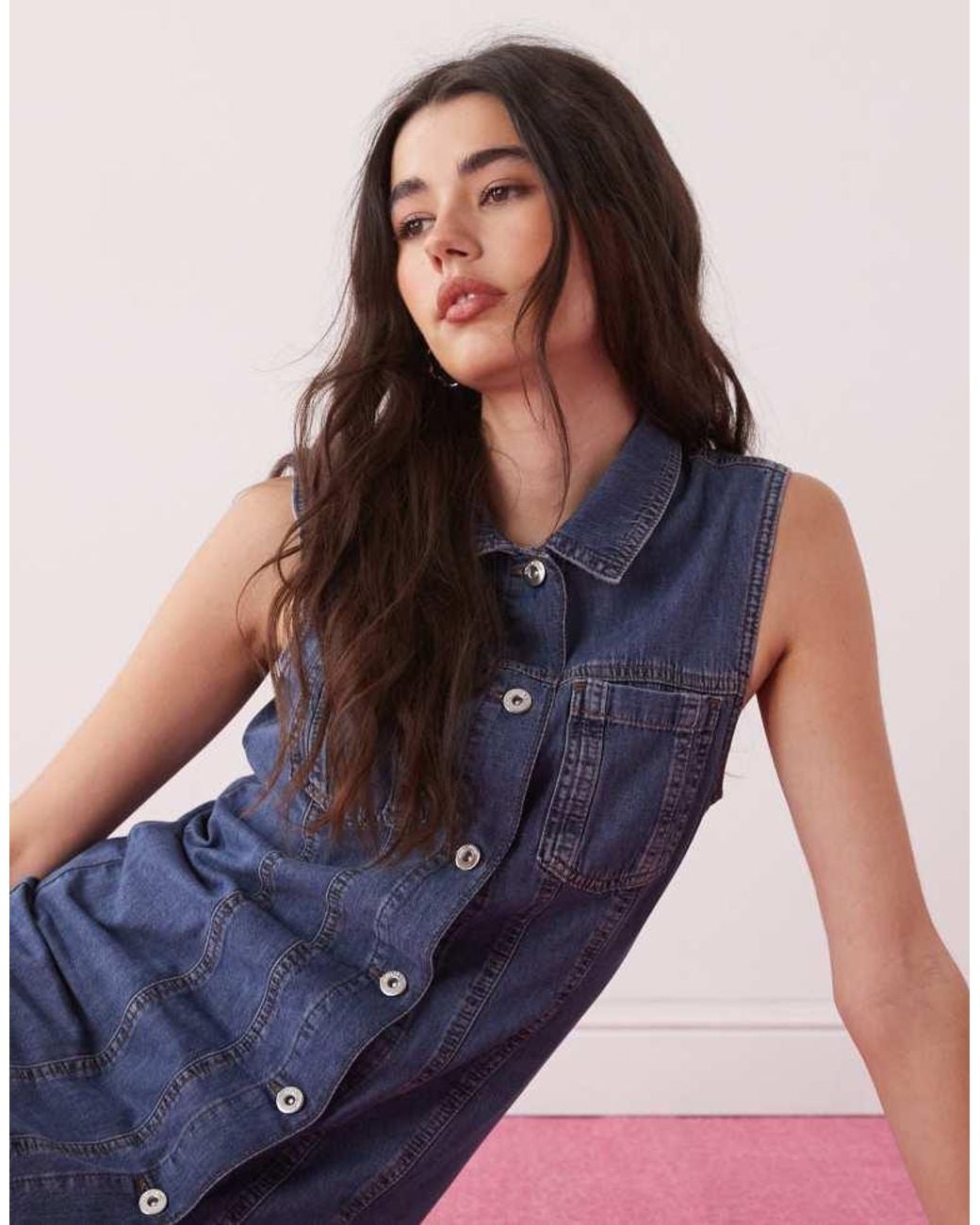 Collusion Blue 90S Denim Sleeveless Shirt Dress
