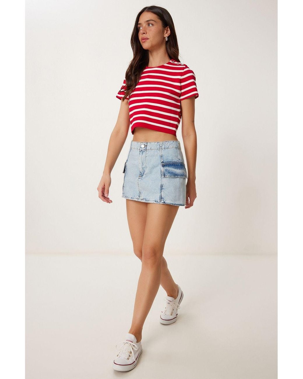 Happiness İstanbul Red High Waist Denim Skirt With Button Closure