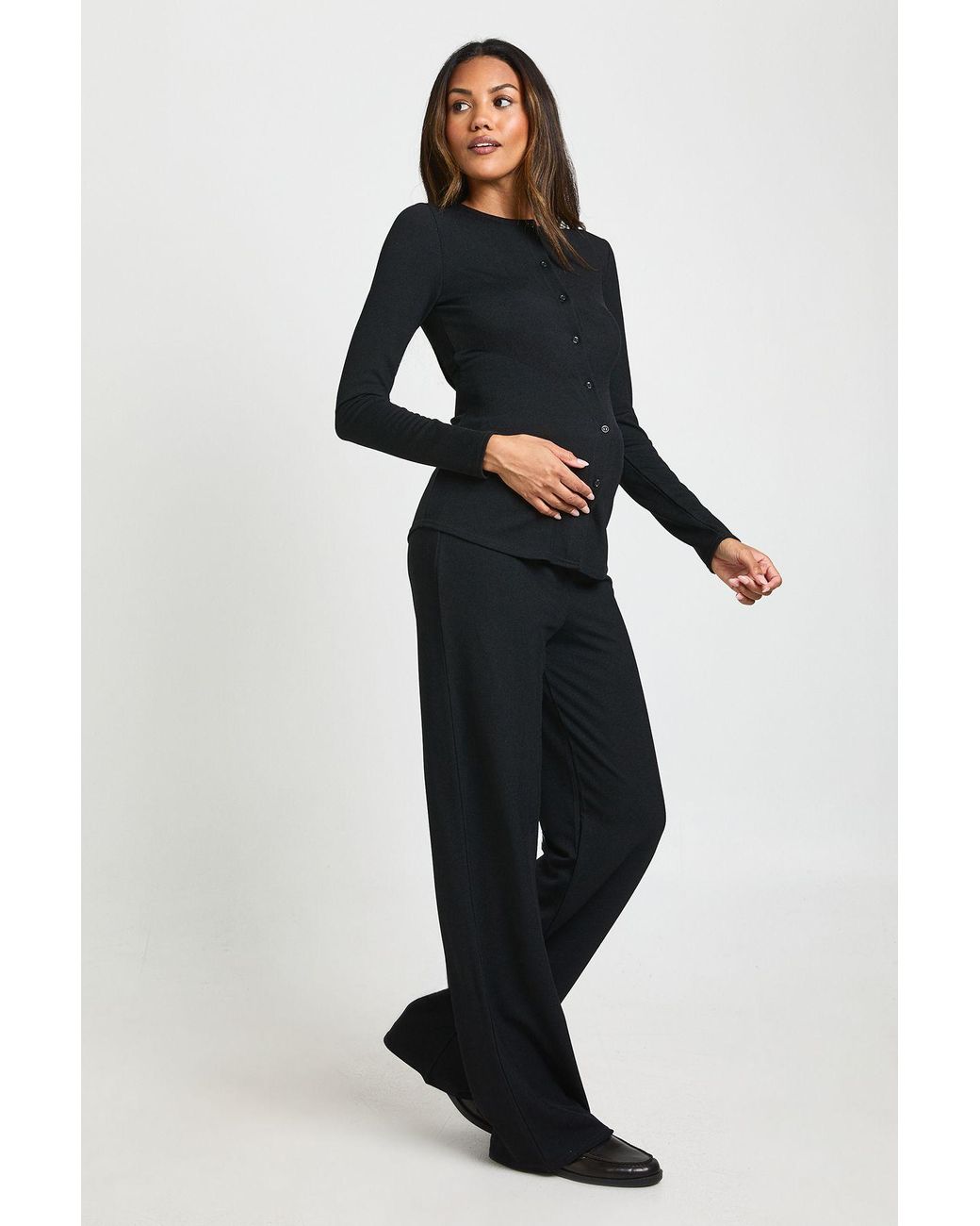 Boohoo Black Maternity Soft Knit Button Cardigan & Wide Leg Trouser