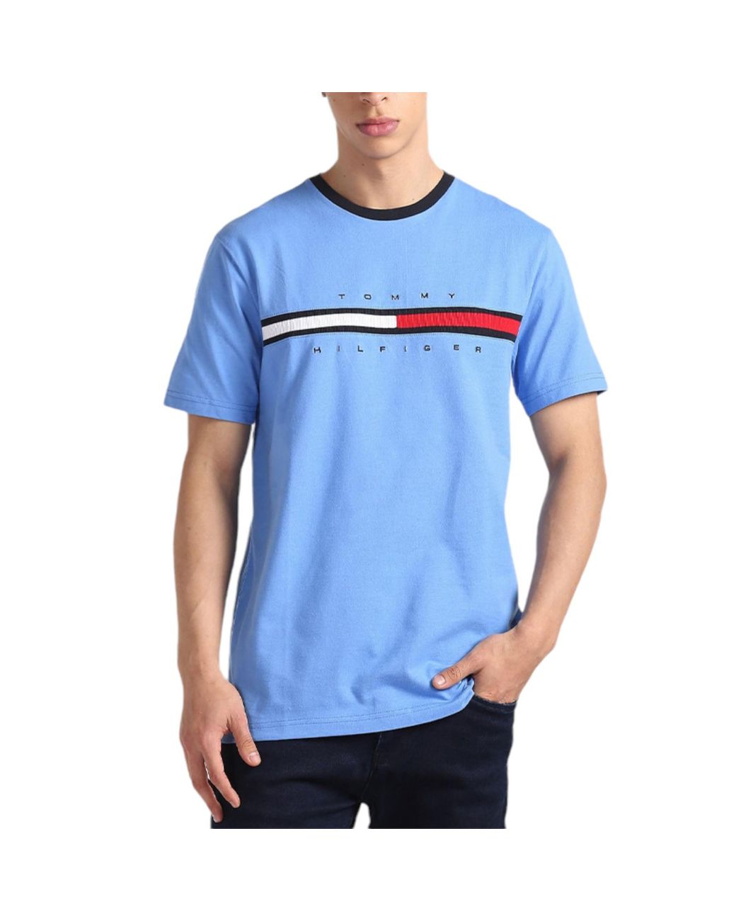 Tommy Hilfiger Blue T Shirts Signature Stripe Tee for men
