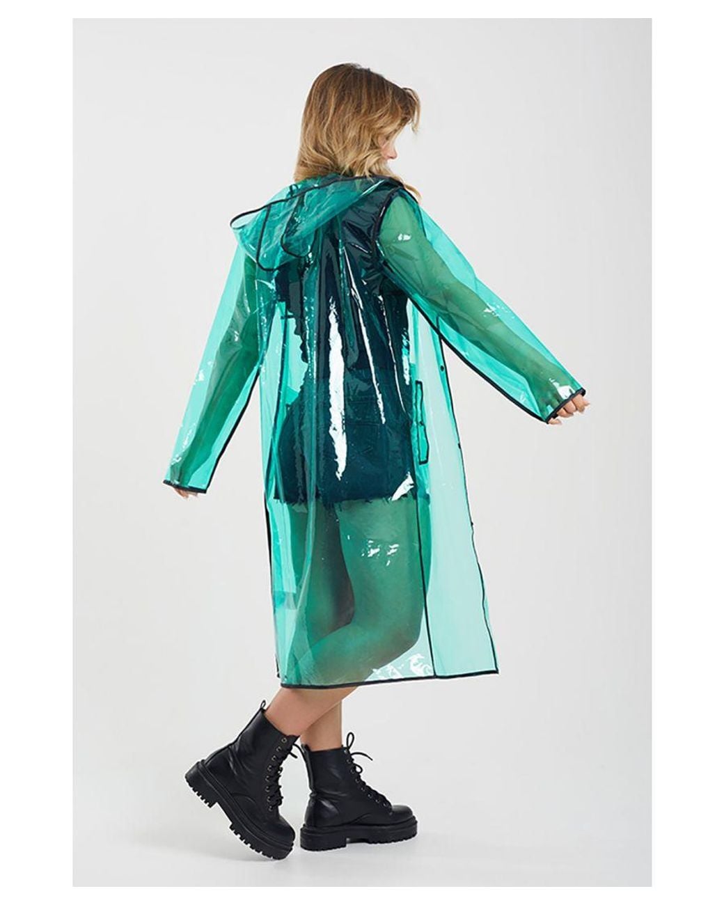 Brave Soul Blue Light Hooded Longline Rain Mac With Contrasting Binding