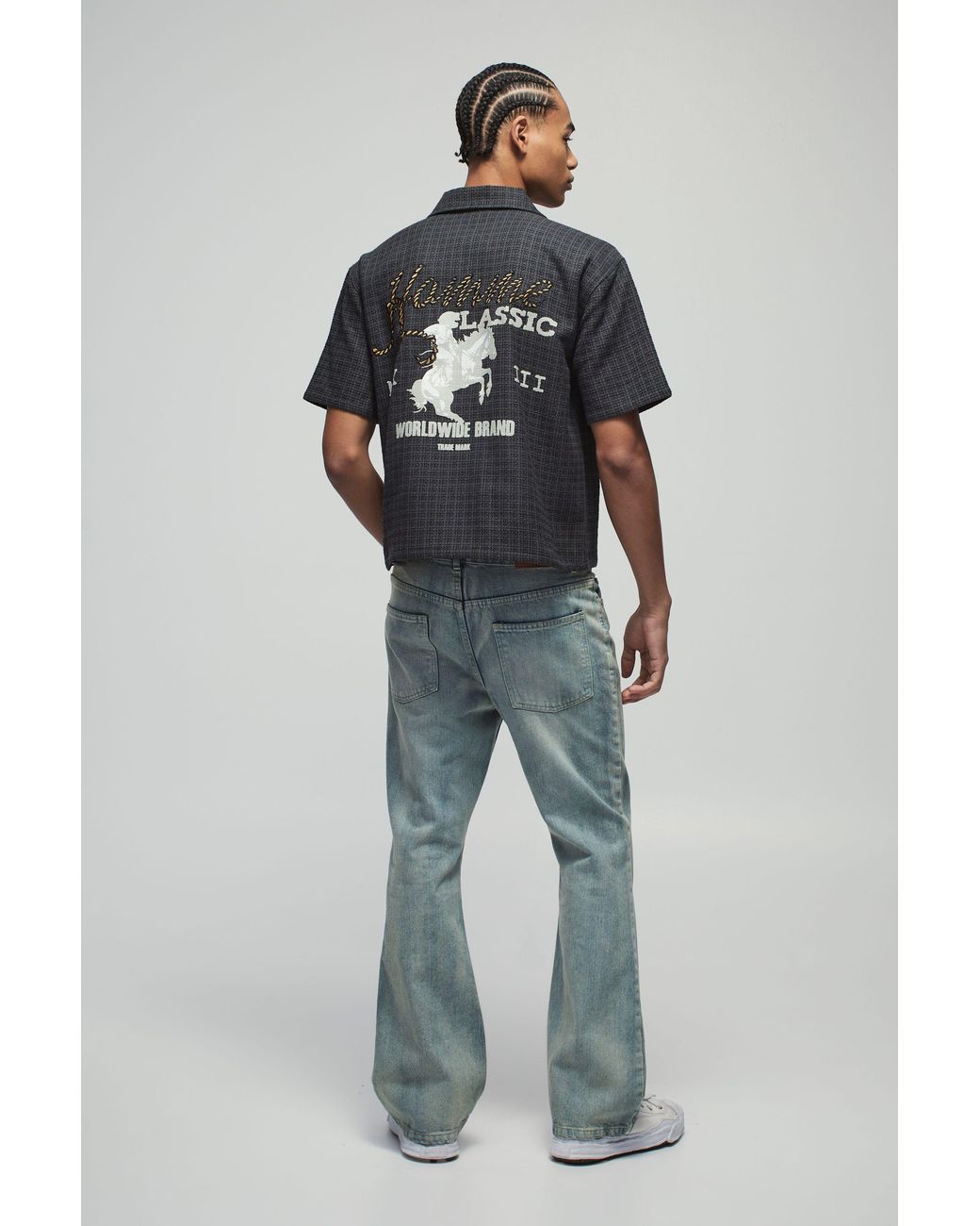 BoohooMAN Gray Oversized Boxy Embroidered Western Collared Shirt for men