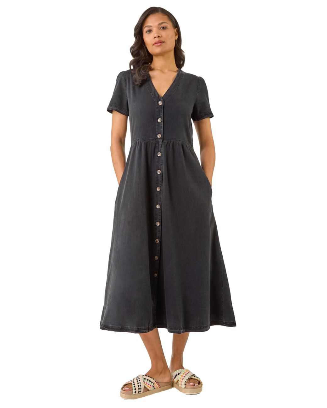Roman Black Denim Button Through Midi Dress