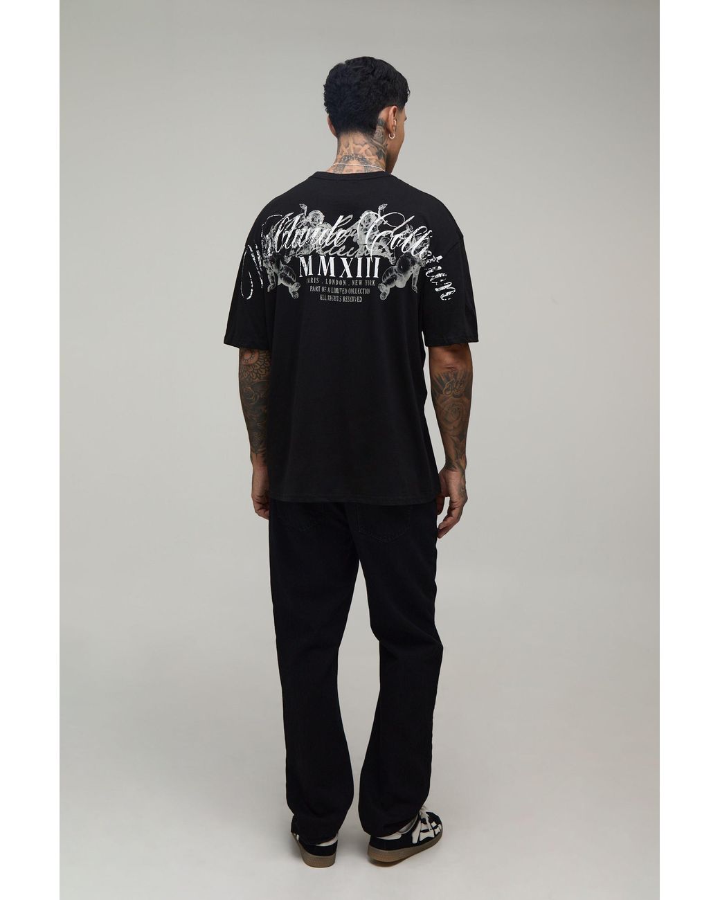 BoohooMAN Black Tall Oversized Worldwide Over The Seams Print T-Shirt Cotton for men