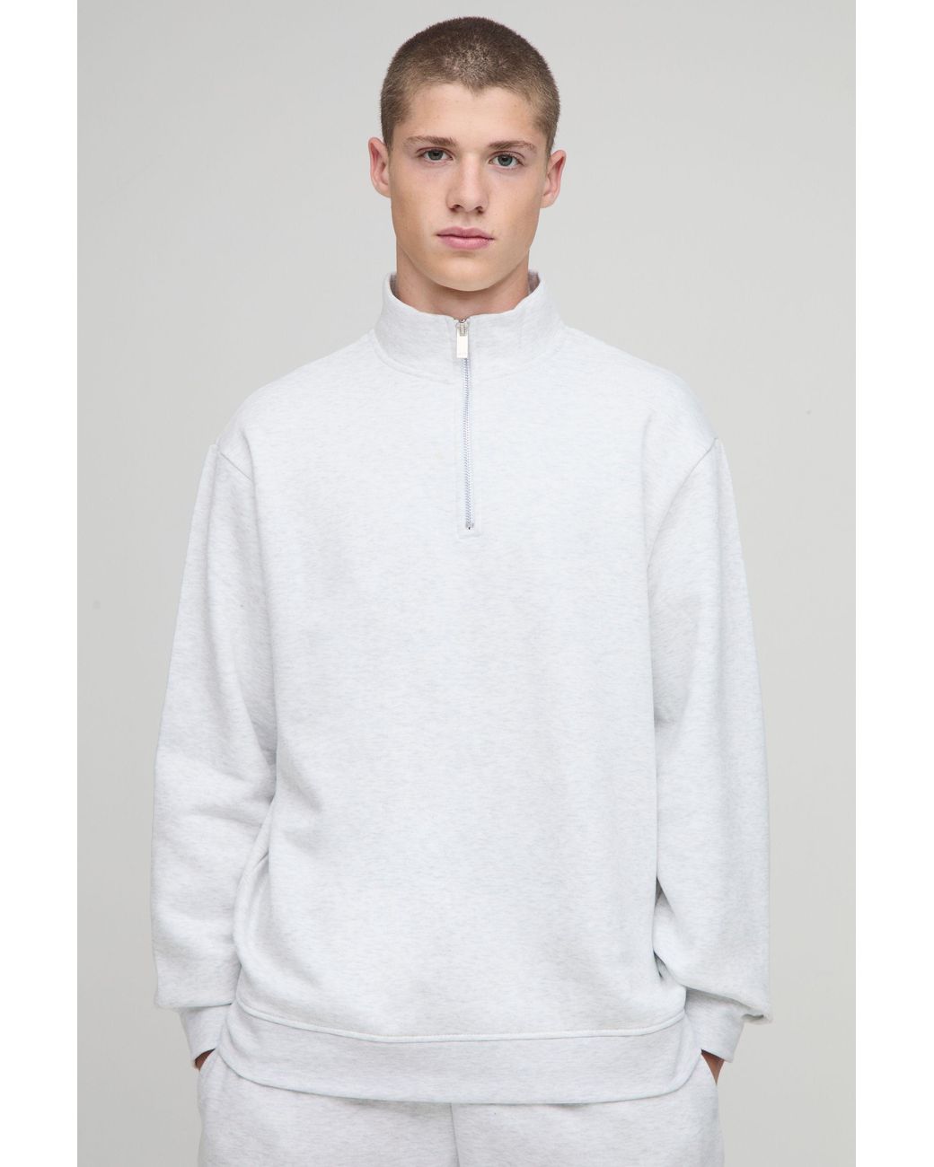 BoohooMAN White Basic Oversized Quarter Zip Funnel Neck Sweatshirt for men