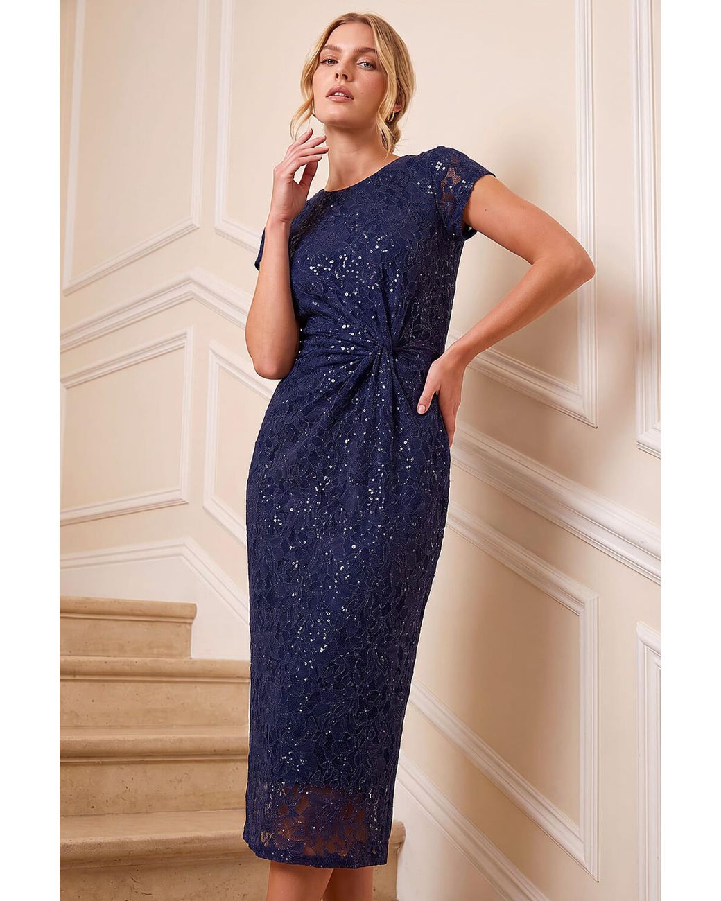 Roman Blue Sparkle Lace Twist Stretch Dress