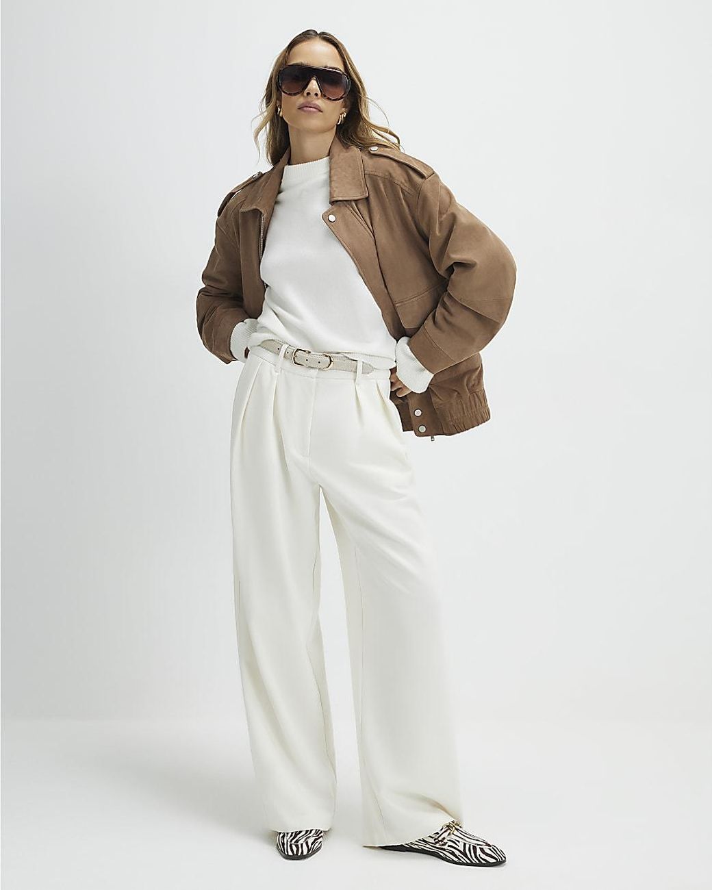 River Island White Wide Leg Trousers Belted