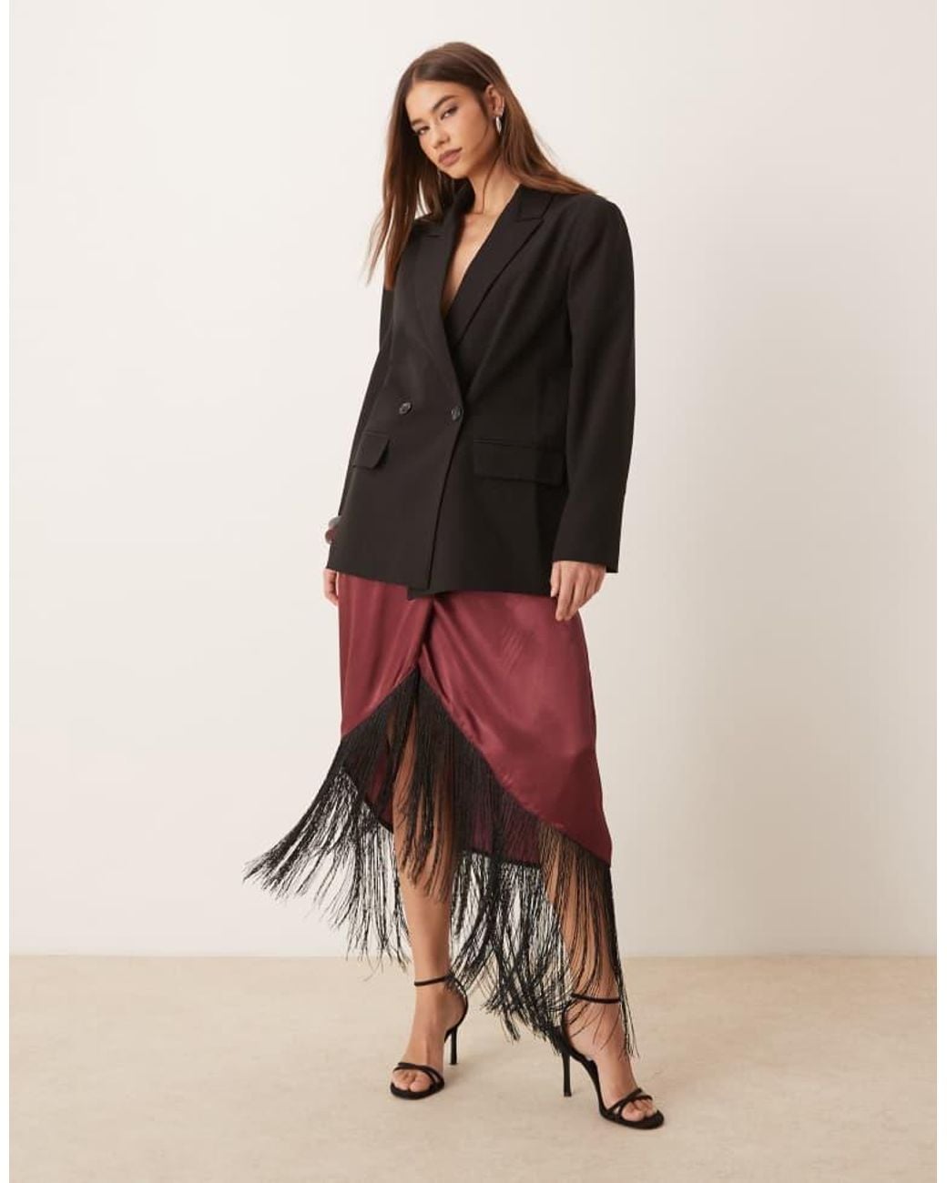 ASOS Red Satin Wrap Skirt With Fringe Hem