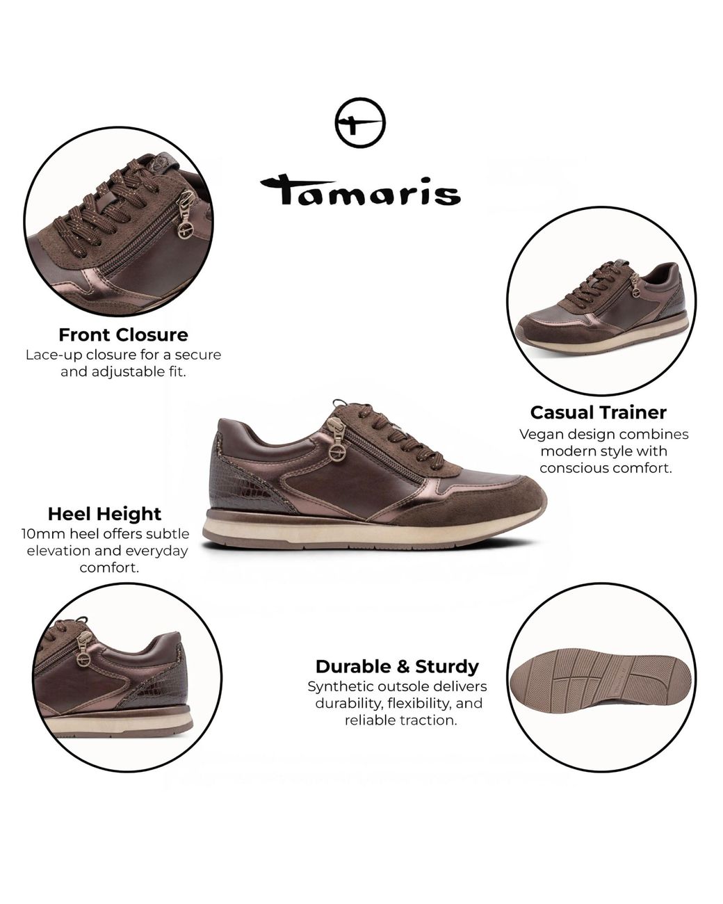 Tamaris Brown Faux Leather Fashion Lace Up Sneakers