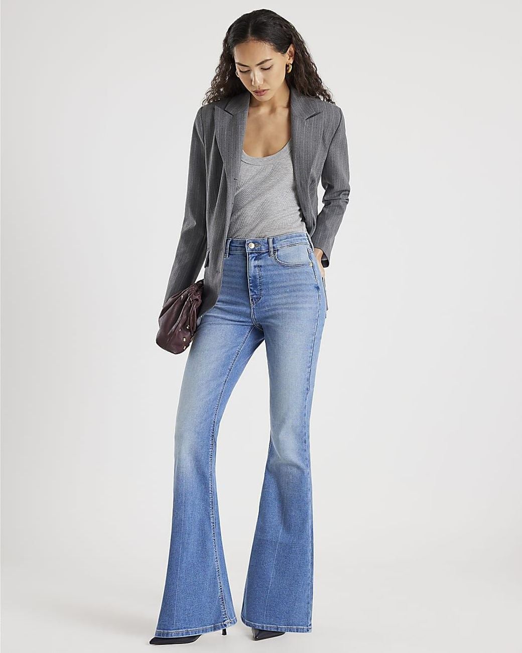 River Island Blue Flared Jeans High Waisted Sculpt Zip Cotton