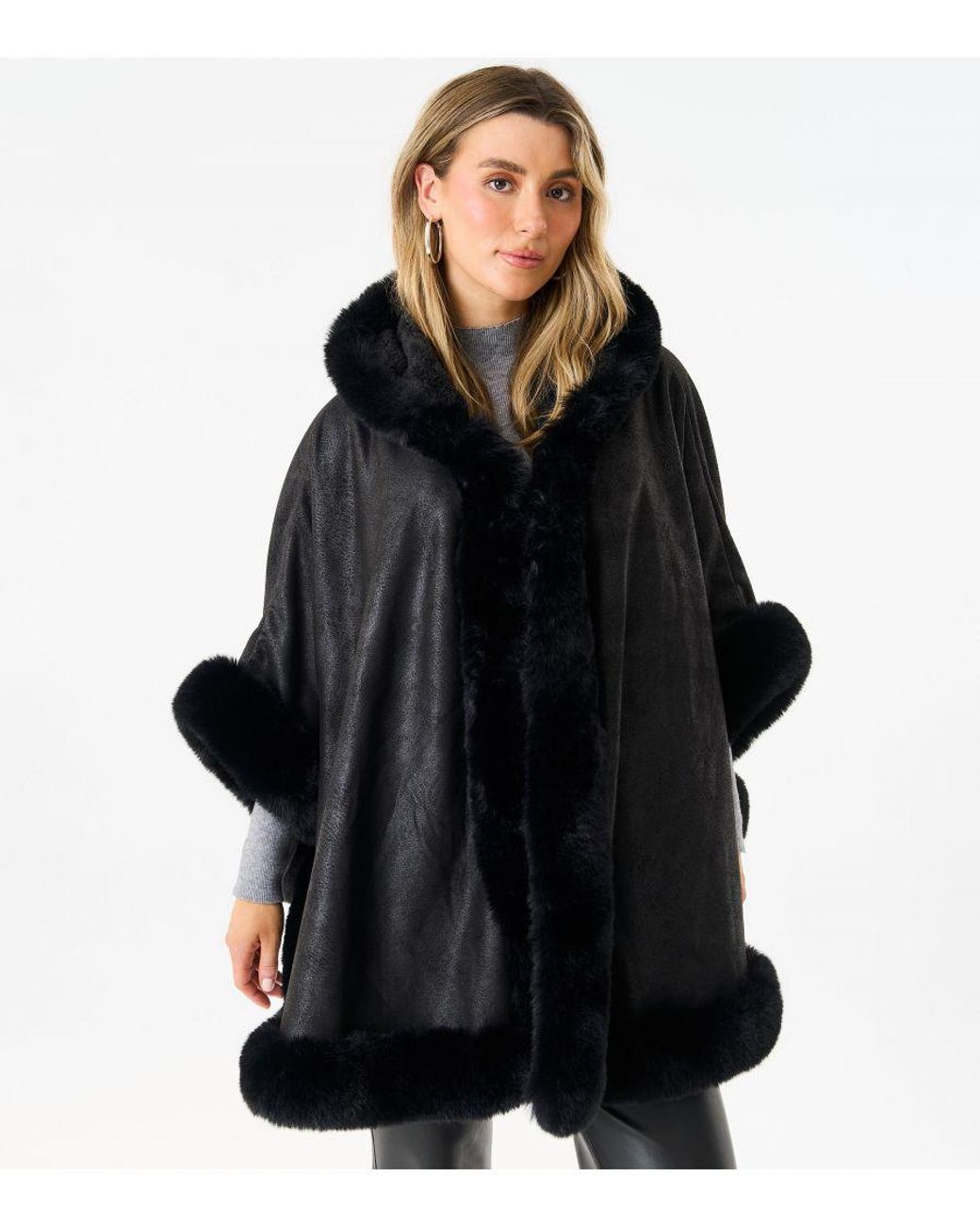 Gini London Black Faux Fur Trim Poncho Cape