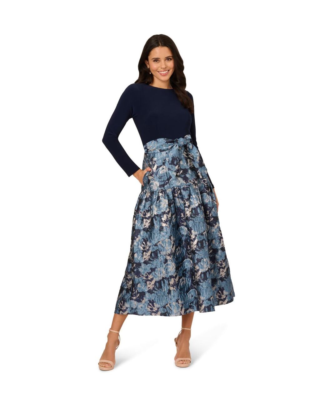 Adrianna Papell Blue Jersey Jacquard Ankle Dress