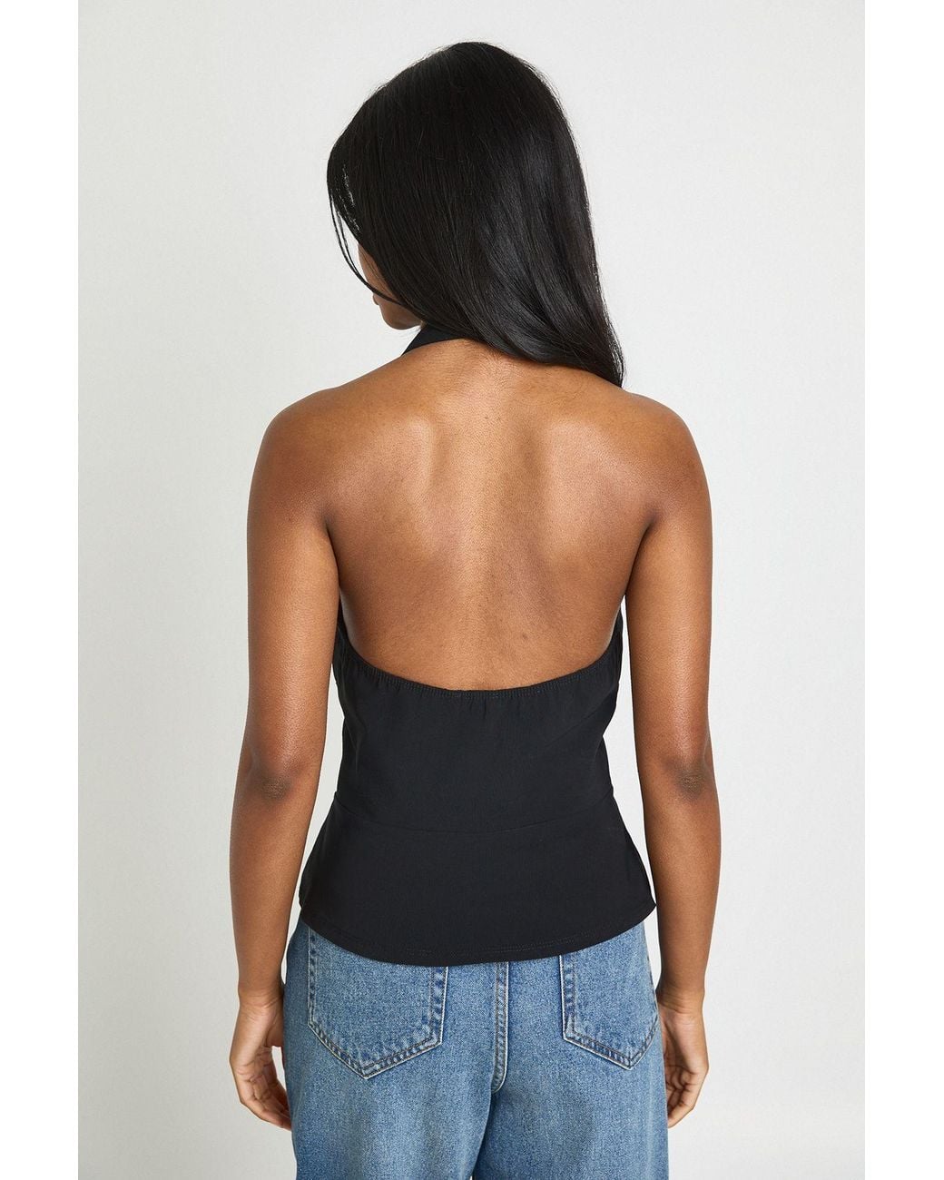 Boohoo Blue Bengaline Hook And Eye Hlaterneck Corset Top