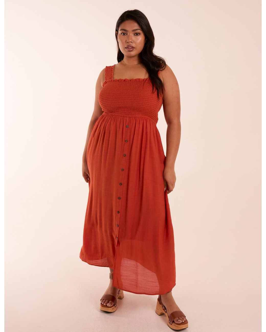 Blue Vanilla Curve Shirred Bust Button Down Midi Dress