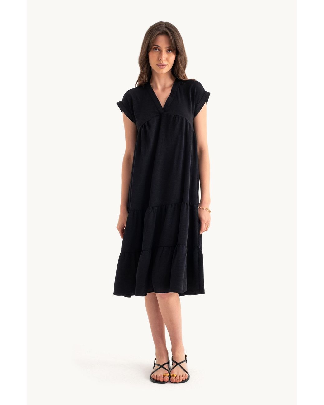 Hiccup Black V Neck Tiered Midi Casual Dress