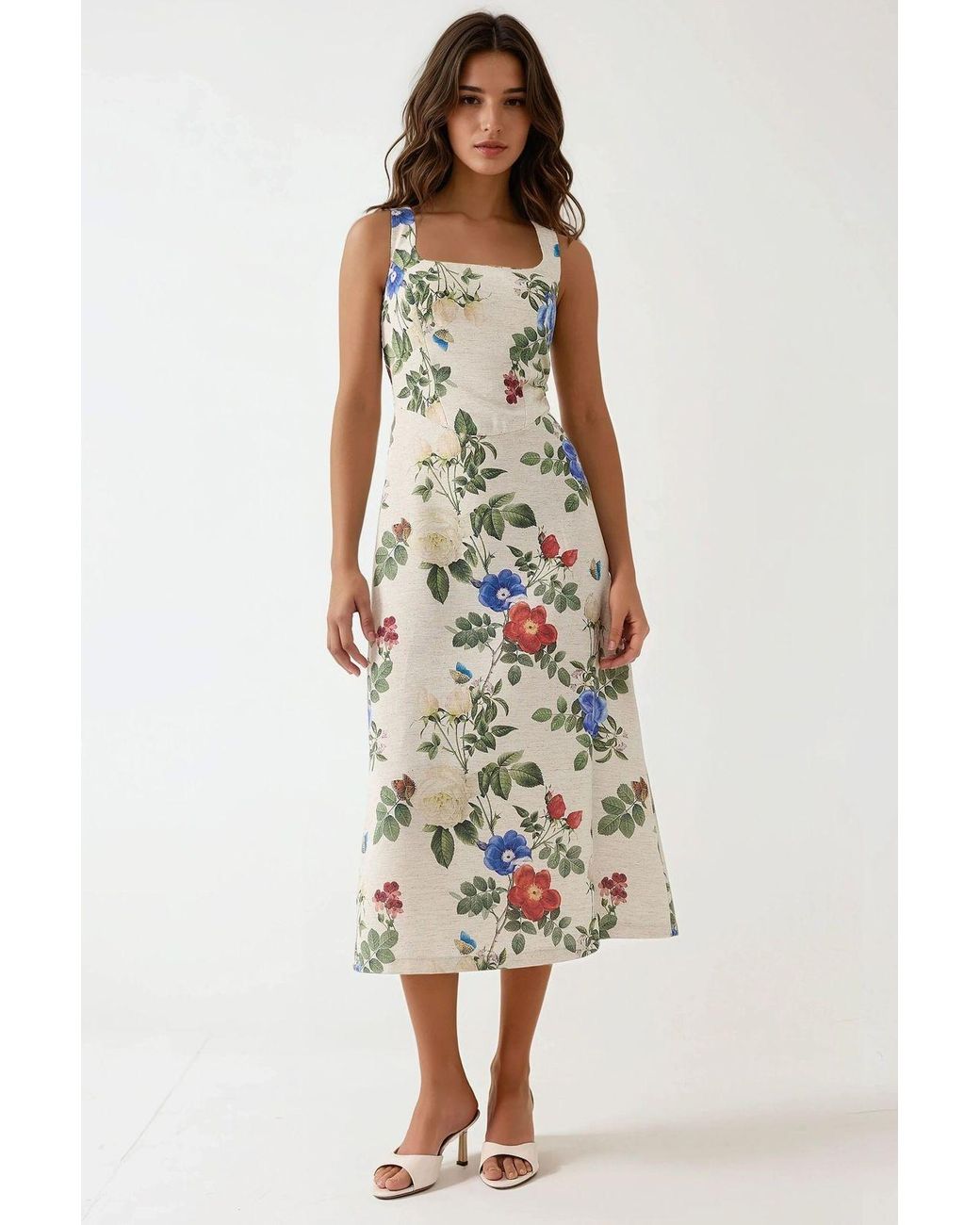 Hiccup White Linen Feel Allower Floral Print Maxi Dress With Back Elastic Detail