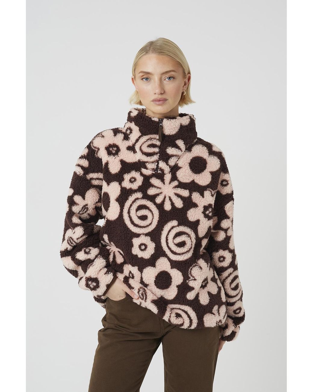 Brave Soul Pink Flower Print Sherpa Fleece Sweatshirt