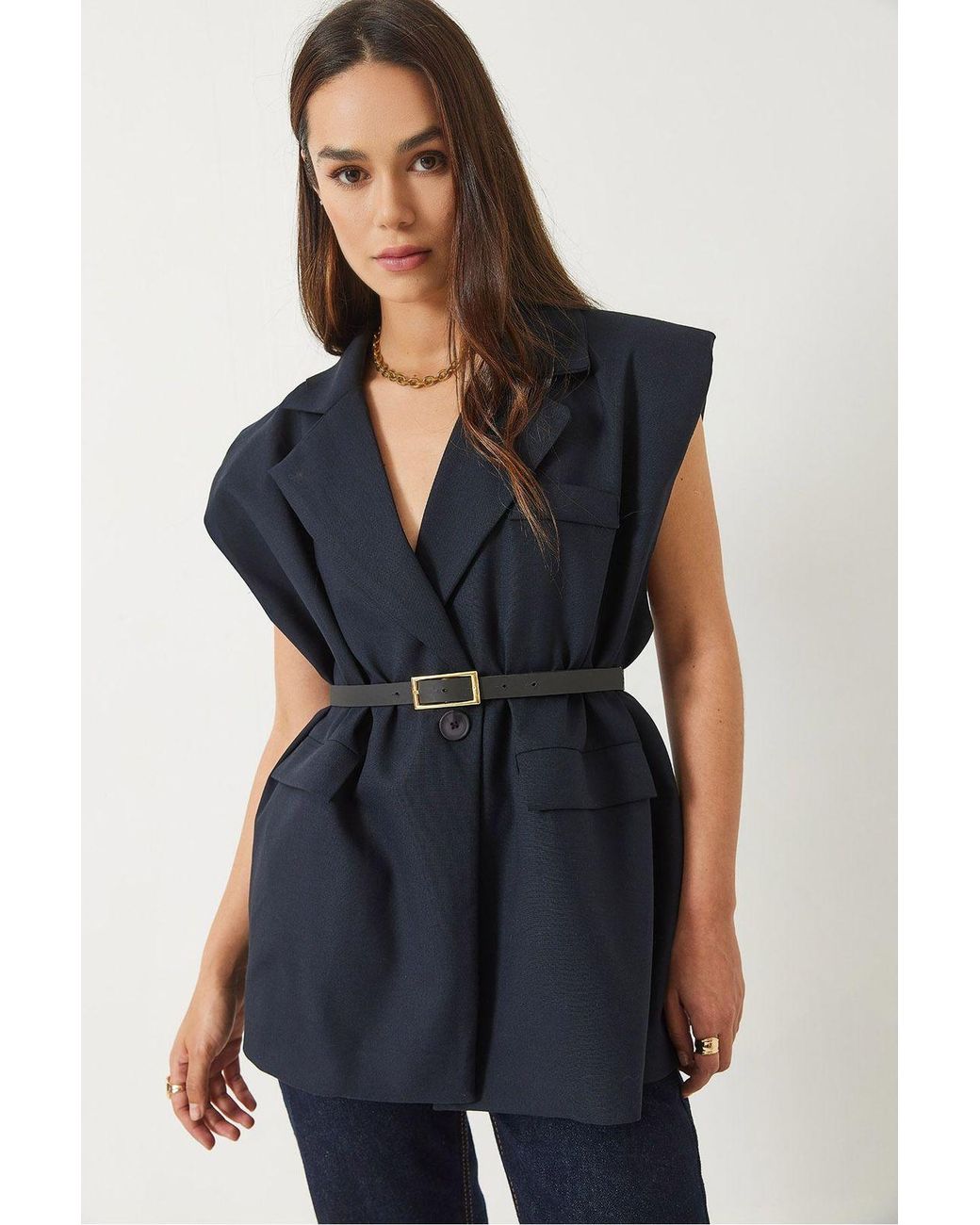 Bianco Lucci Blue Belted Long Shawl-Collar Vest