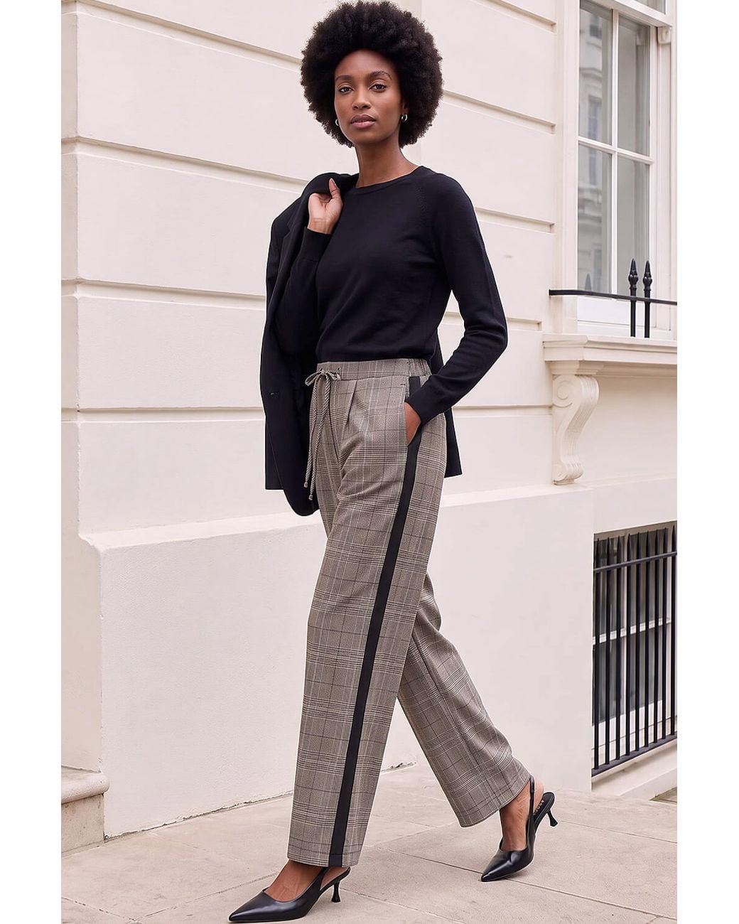 Roman Black Petite Check Straight Leg Trouser