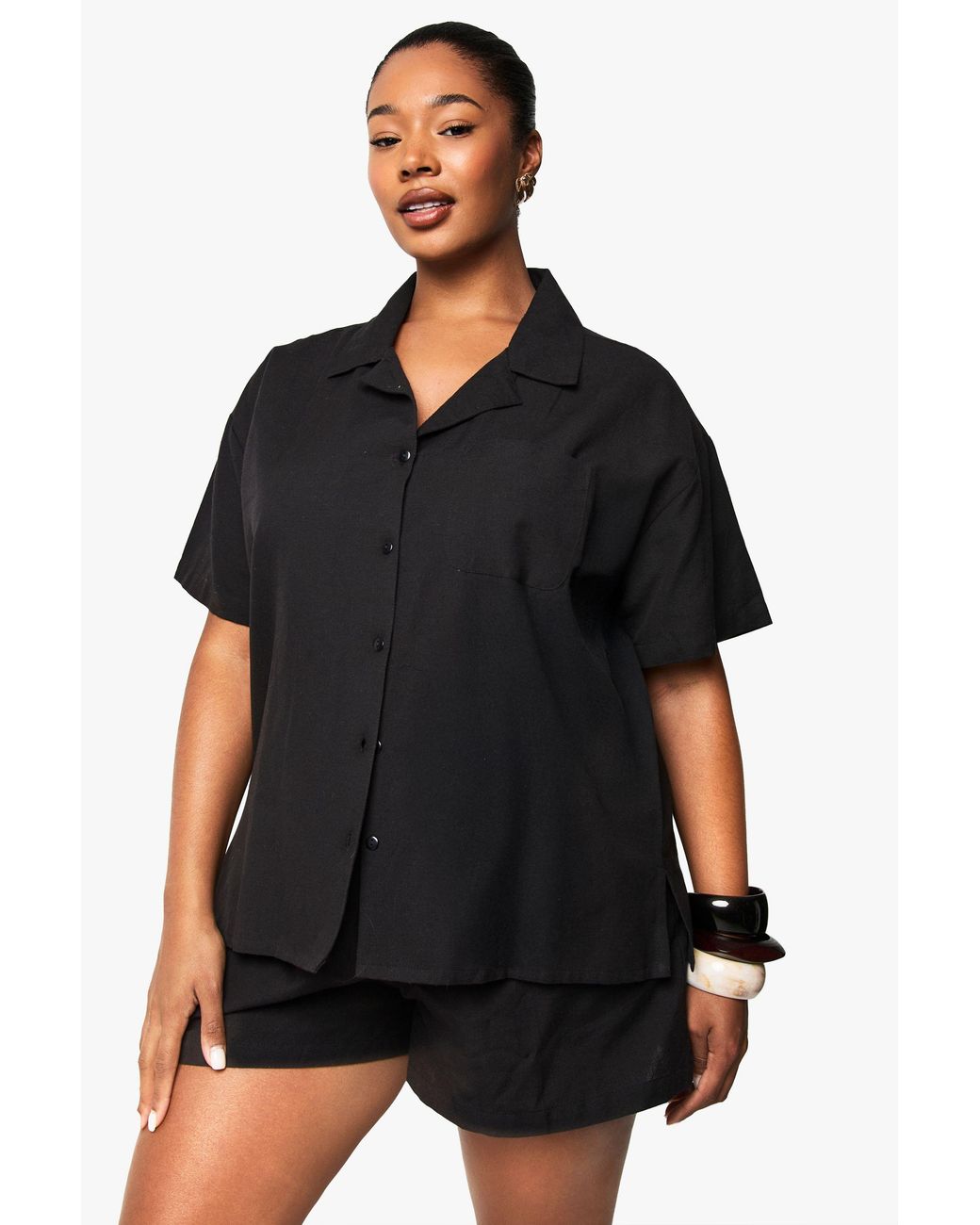 Boohoo Black Plus Linen Look Short Sleeve Shirt And Elasticated Waist Co-Ord