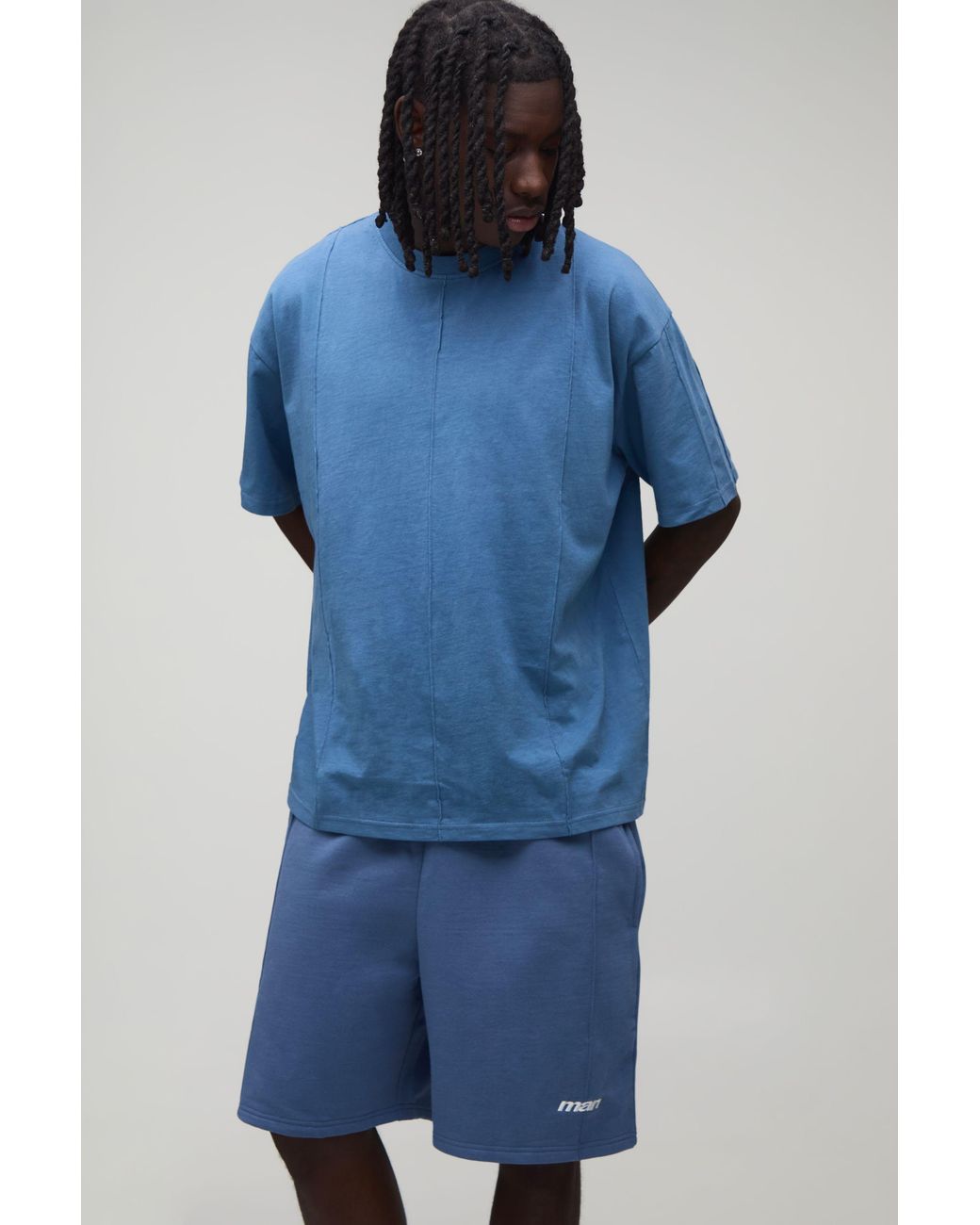 BoohooMAN Blue Sport Seam Detail Oversized T-Shirt & Baggy Short Set for men