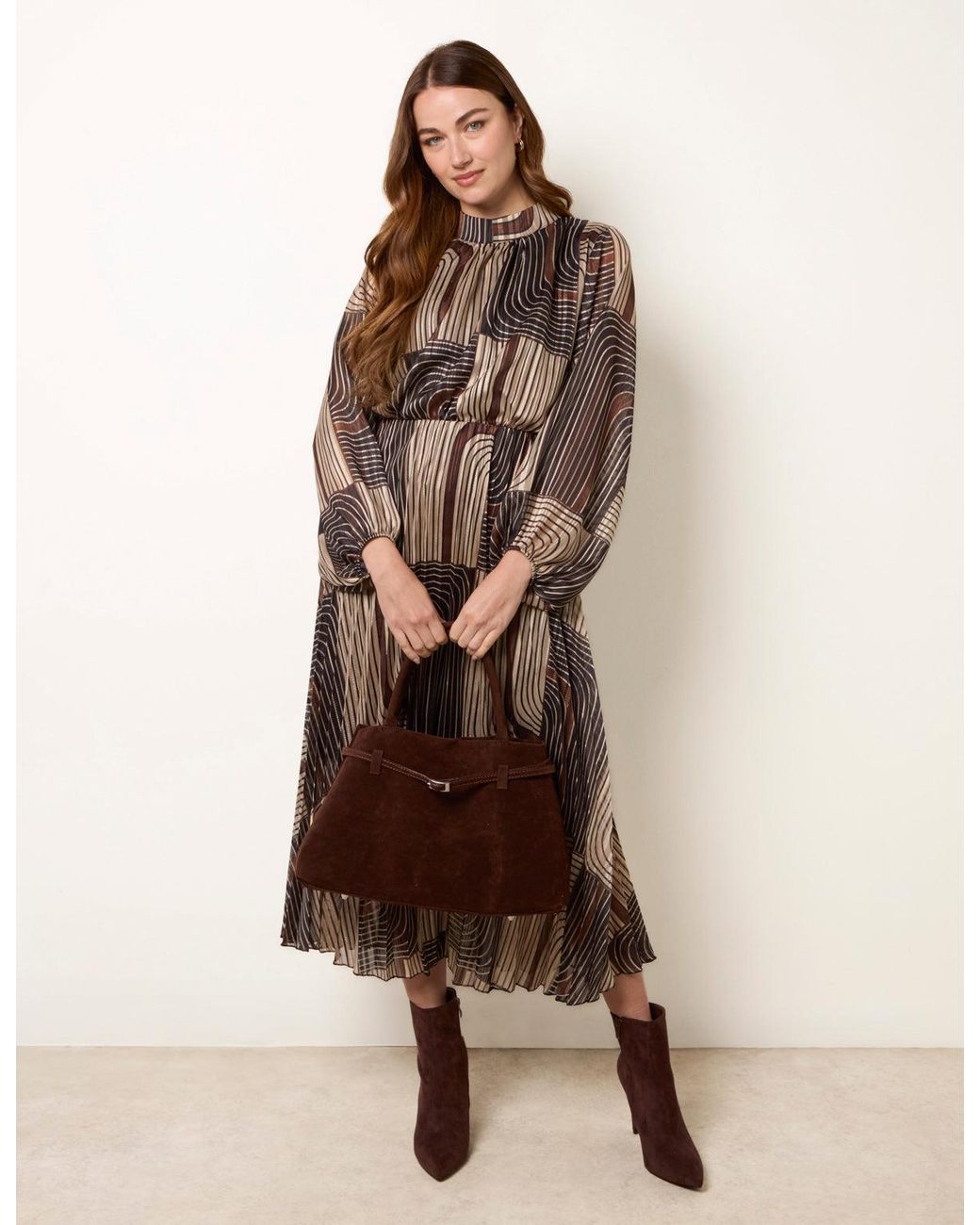 Blue Vanilla Brown Geometric High Neck Pleated Dress