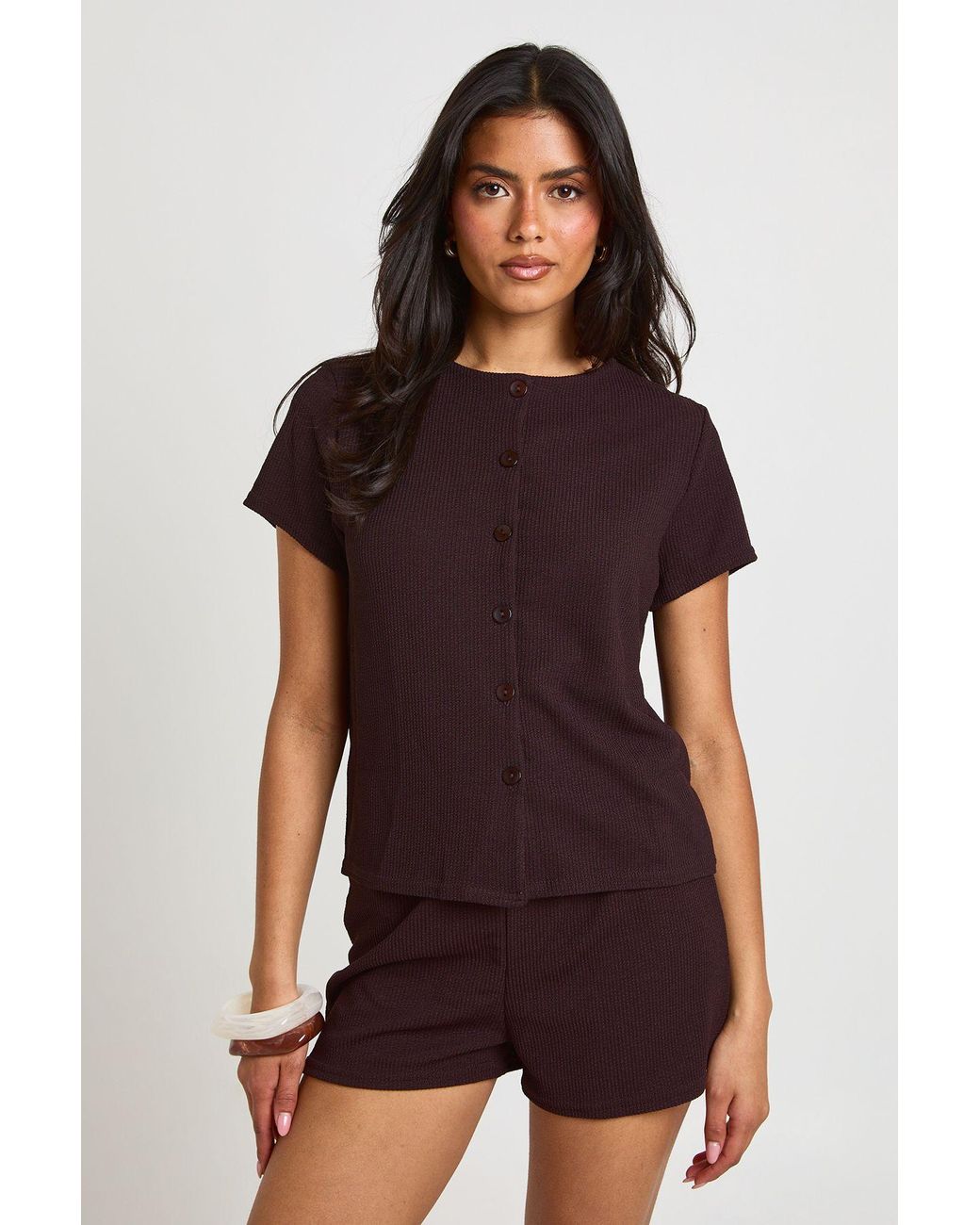 Boohoo Red Rib Short Sleeve Button Through Top And Set
