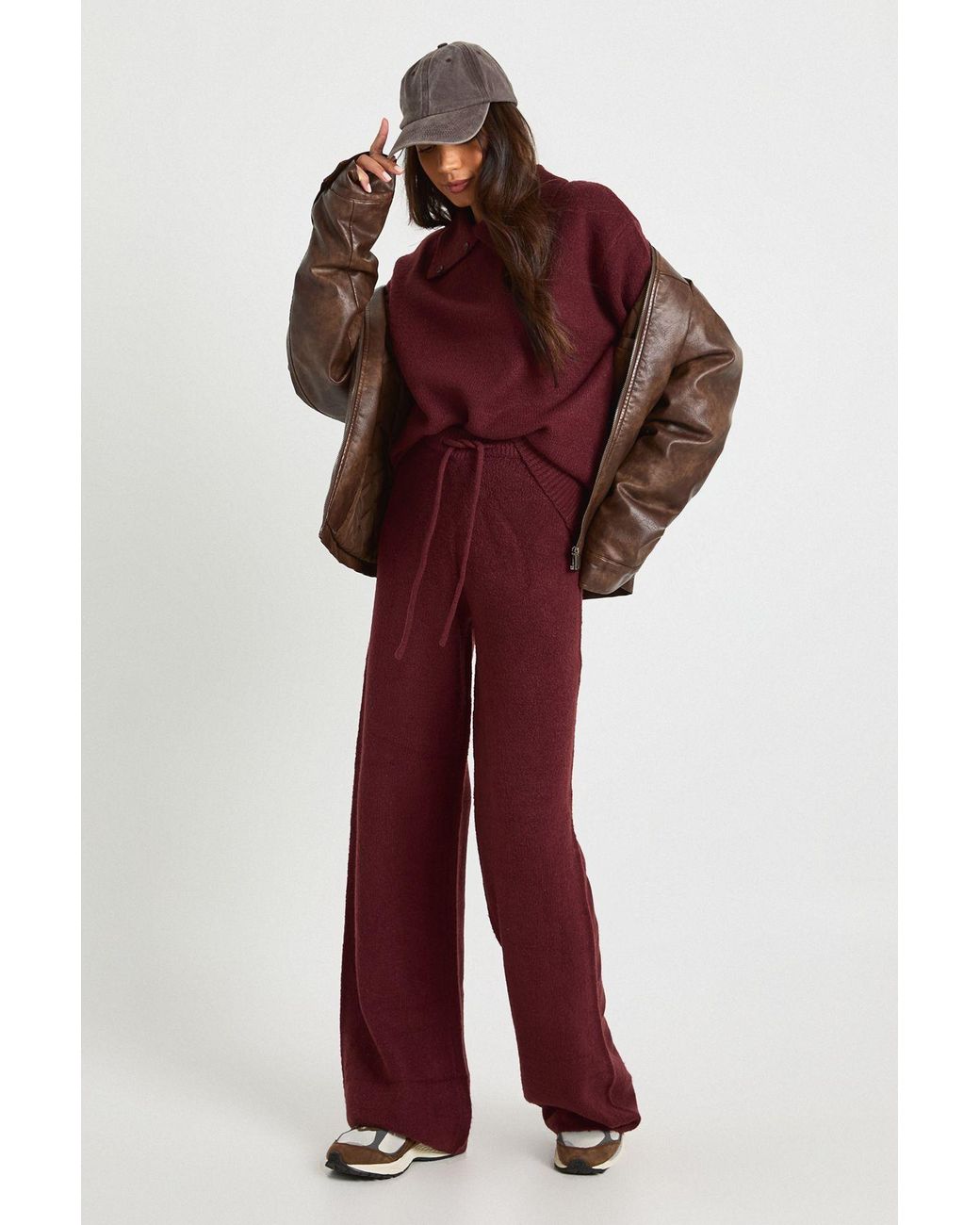 Boohoo Red Tall Super Soft Crew Neck Knitted Chunky Cardigan And Wide Leg Trouser Co-Ord