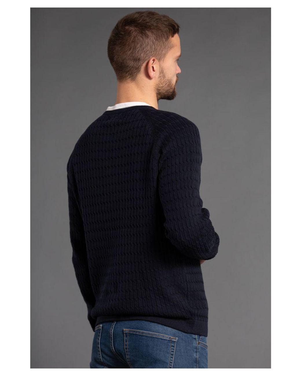 Nines Blue Cotton Long Sleeve Crew Neck Knitted Jumper for men