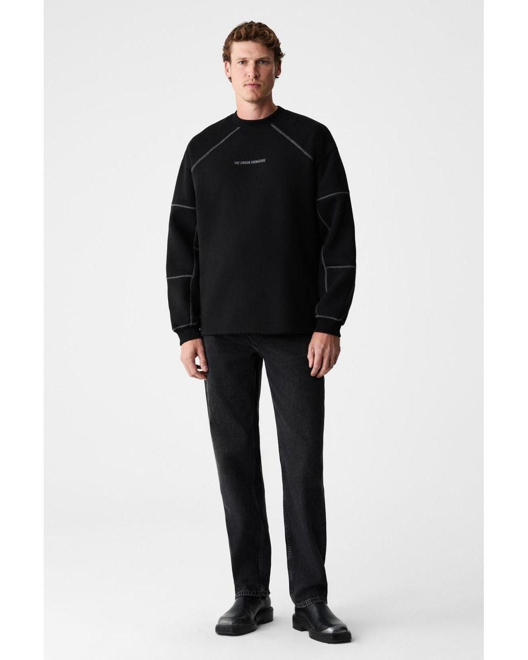 Grimelange Black Crew Neck Embroidered Sweatshirt for men
