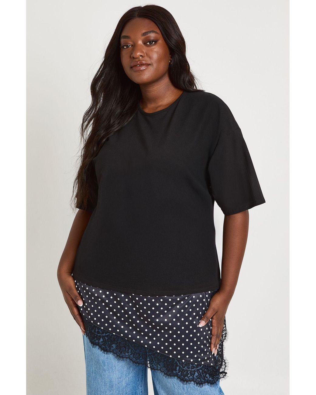 Boohoo Black Plus Polka Dot Lace Satin Asymmetric Hem T-Shirt