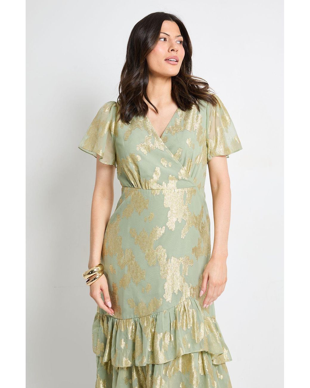 Wallis Green Metallic Ruffle Hem Midi Dress