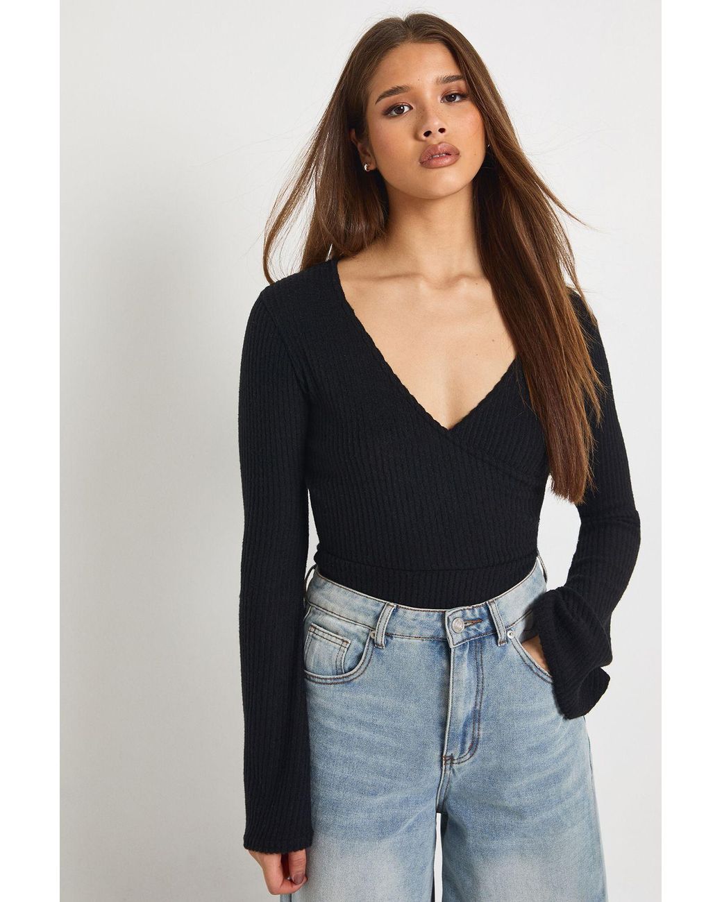 Boohoo Black Soft Brushed Rib V Neck Bodysuit