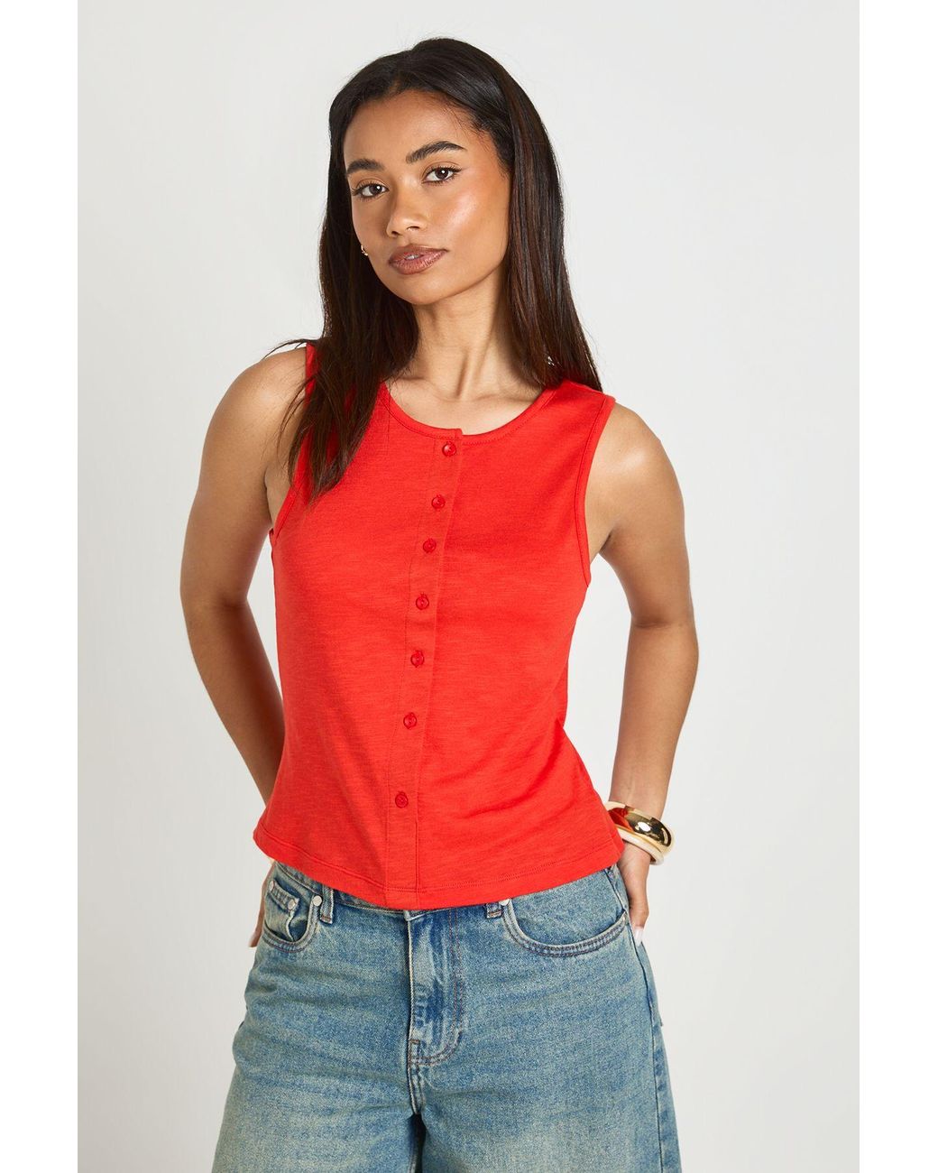 Boohoo Red Slub Button Through Vest