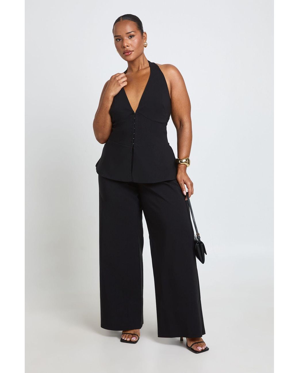 Boohoo Blue Plus Bengaline Hook And Eye Haterneck Corset Top & Wide Leg Trouser Co Ord
