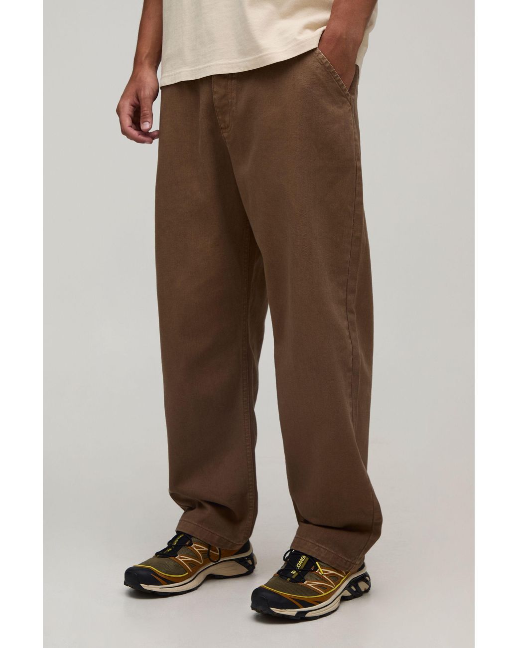 BoohooMAN Brown Skate Fit Half & Waistband Washed Twill Trousers for men