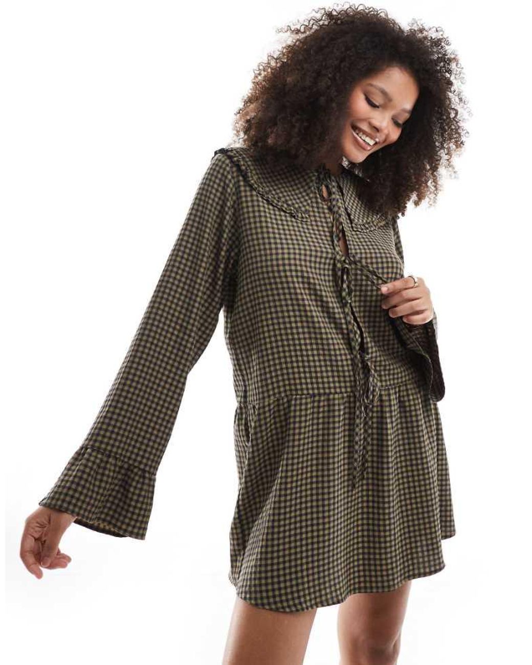 ASOS Brown Pie Crust Collar Tie Front Mini Dress