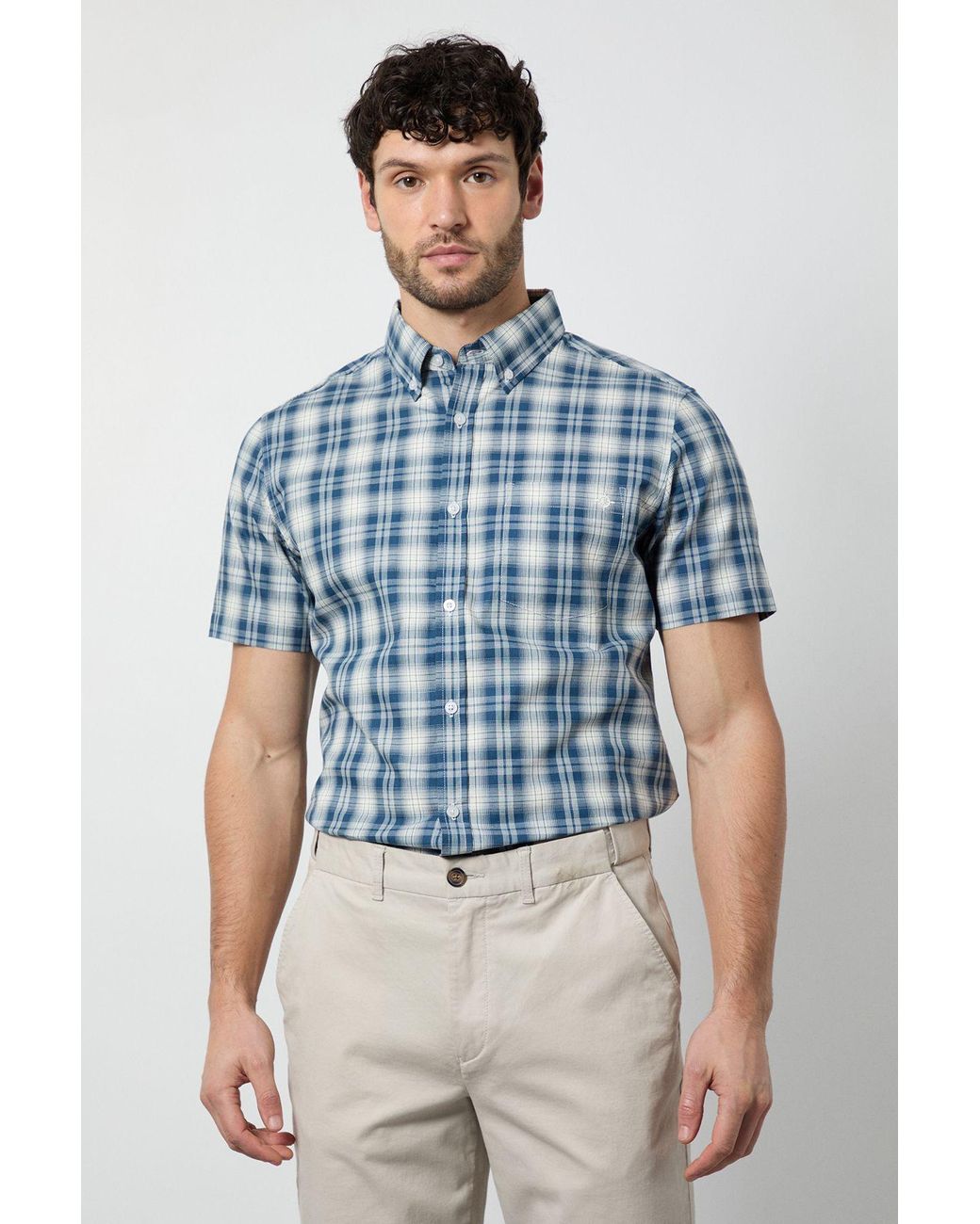MAINE Blue Madras Check Short Sleeve Shirt Cotton for men