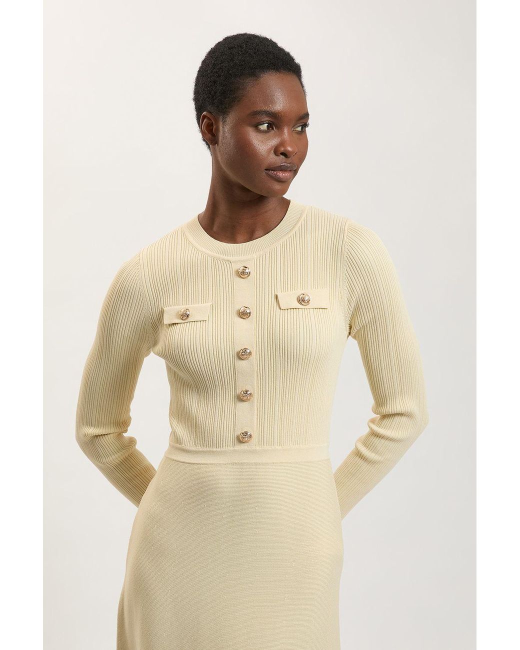 Karen Millen Natural Rib Knit Military Trim Long Sleeve Maxi Dress