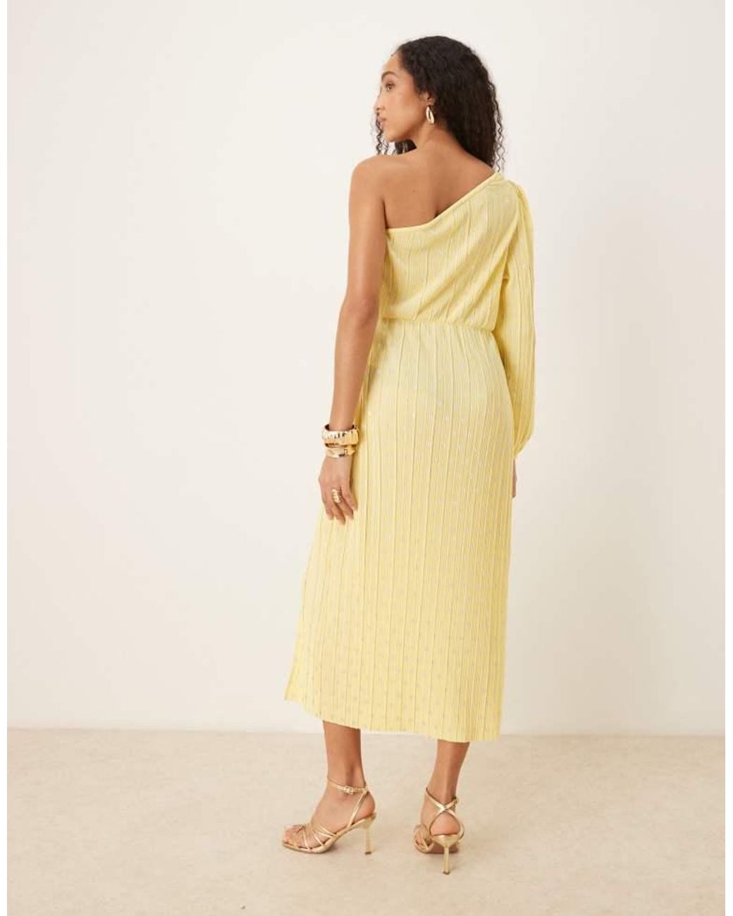 Y.A.S Natural Foil Spot Plisse One Shoulder Maxi Dress