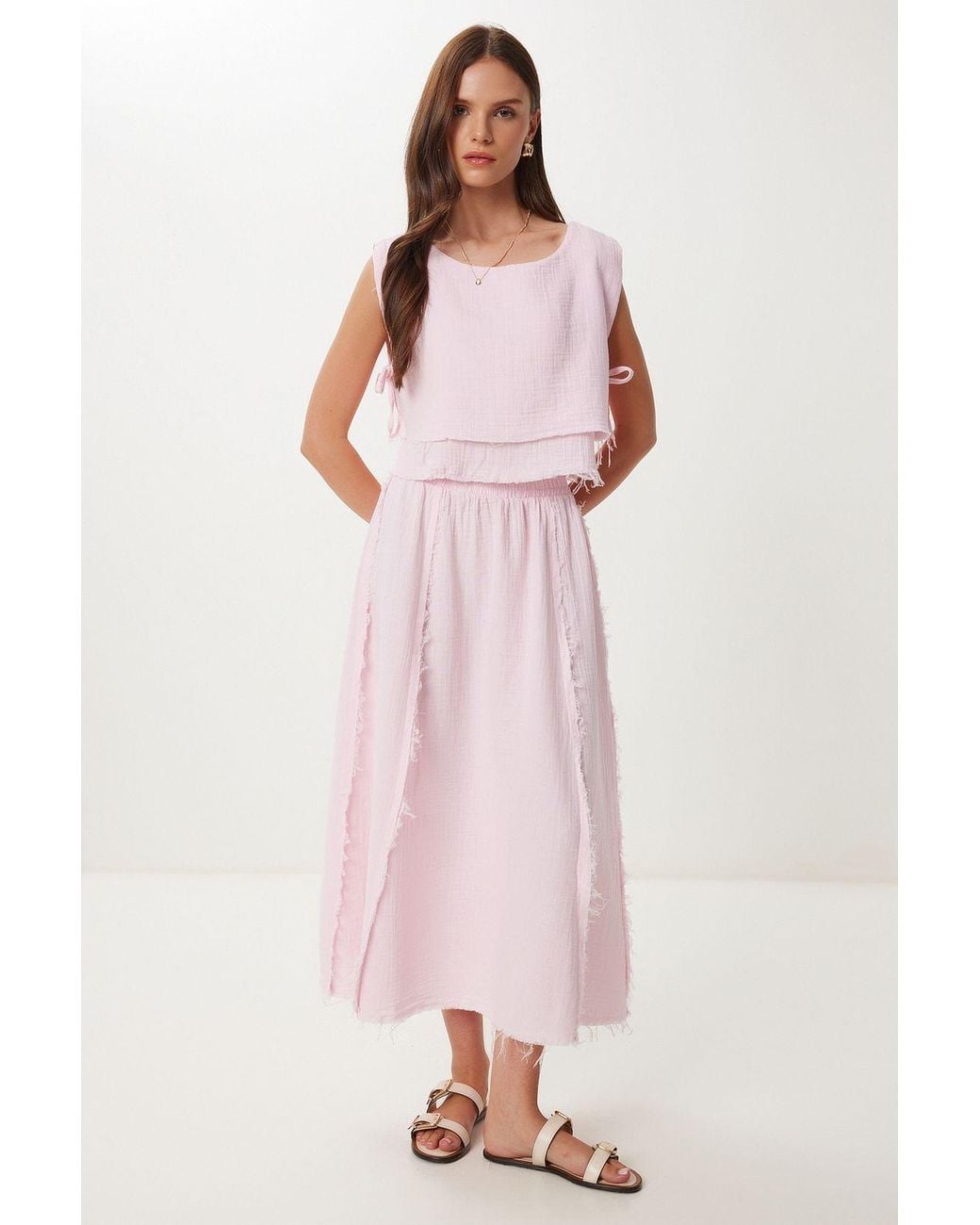 Happiness İstanbul Pink Cotton Sleeveless Blouse And Wide-Leg Skirt Set