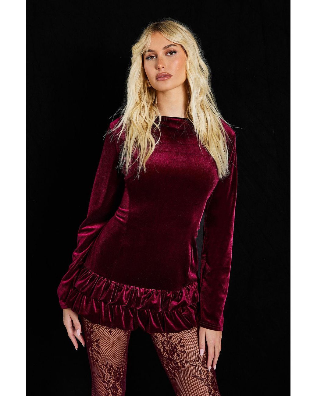 Velvet Ruffle Gown Boohoo Velvet Ruffle Hem Long Sleeve Mini Dress in Red | Lyst UK