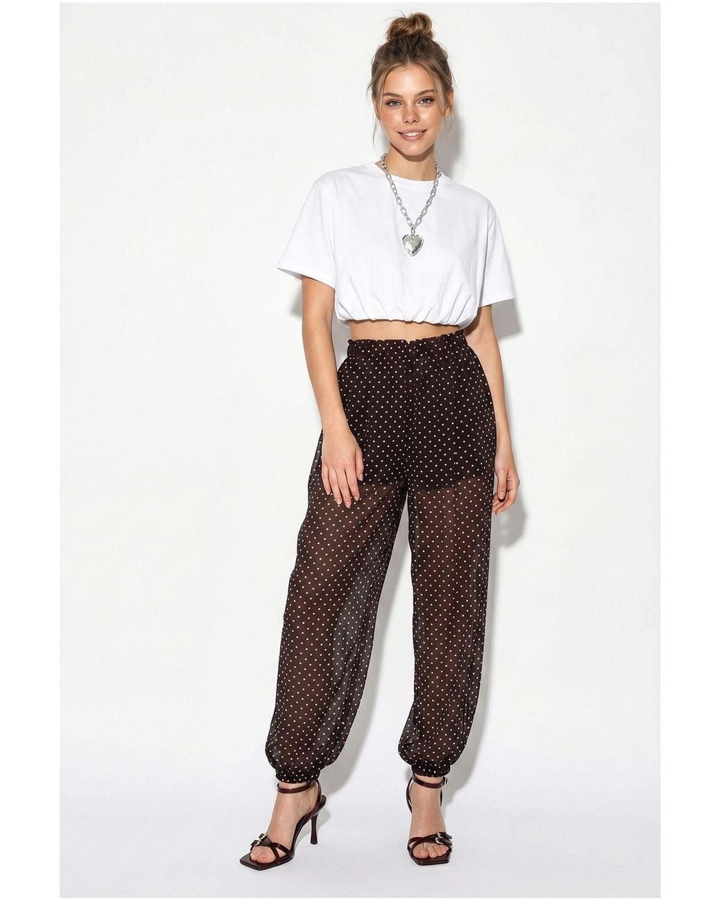 Bianco Lucci White Polka Dot Chiffon Jogger Pants