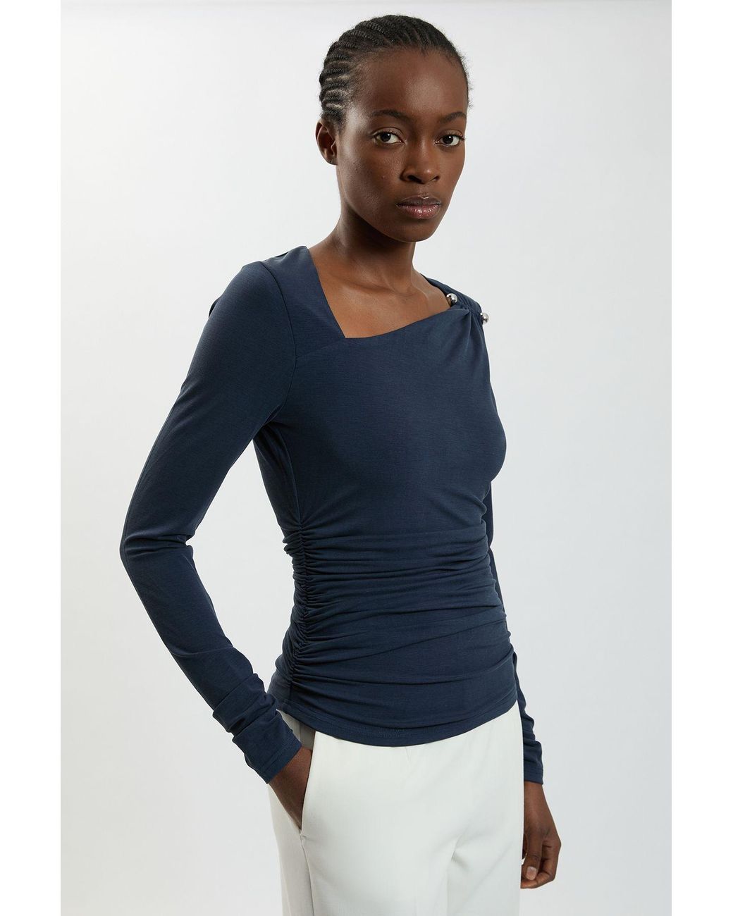 Karen Millen Blue Viscose Metal Clasp Detail Jersey Top