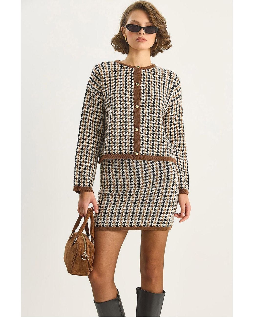 Bianco Lucci Multicolor Crowbar Patterned Knitwear Two-Piece Set With Cardigan And Skirt