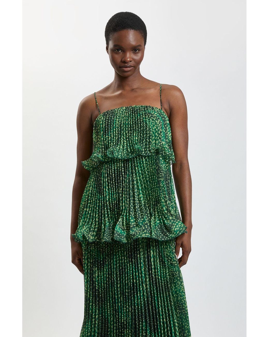 Karen Millen Green Petite Spot Print Pleated Slub Organdie Peplum Woven Maxi Dress
